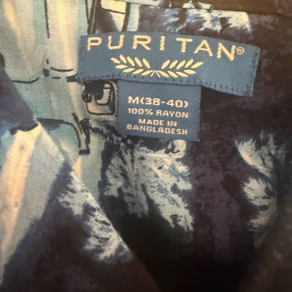 Puritan Hawaiian Shirt Men’s M 38-40 Rayon Cars Palm Trees Navy Blue - Picture 5 of 7